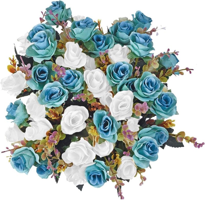 MOOMASS 4 Bunches of Artificial Roses. 48 Small Roses. Plastic Silk Flower .Suitable for Plant Decoration of Family Hotel Wedding Christmas.ï¼ˆPeacock Blueï¼‰ - Image 5